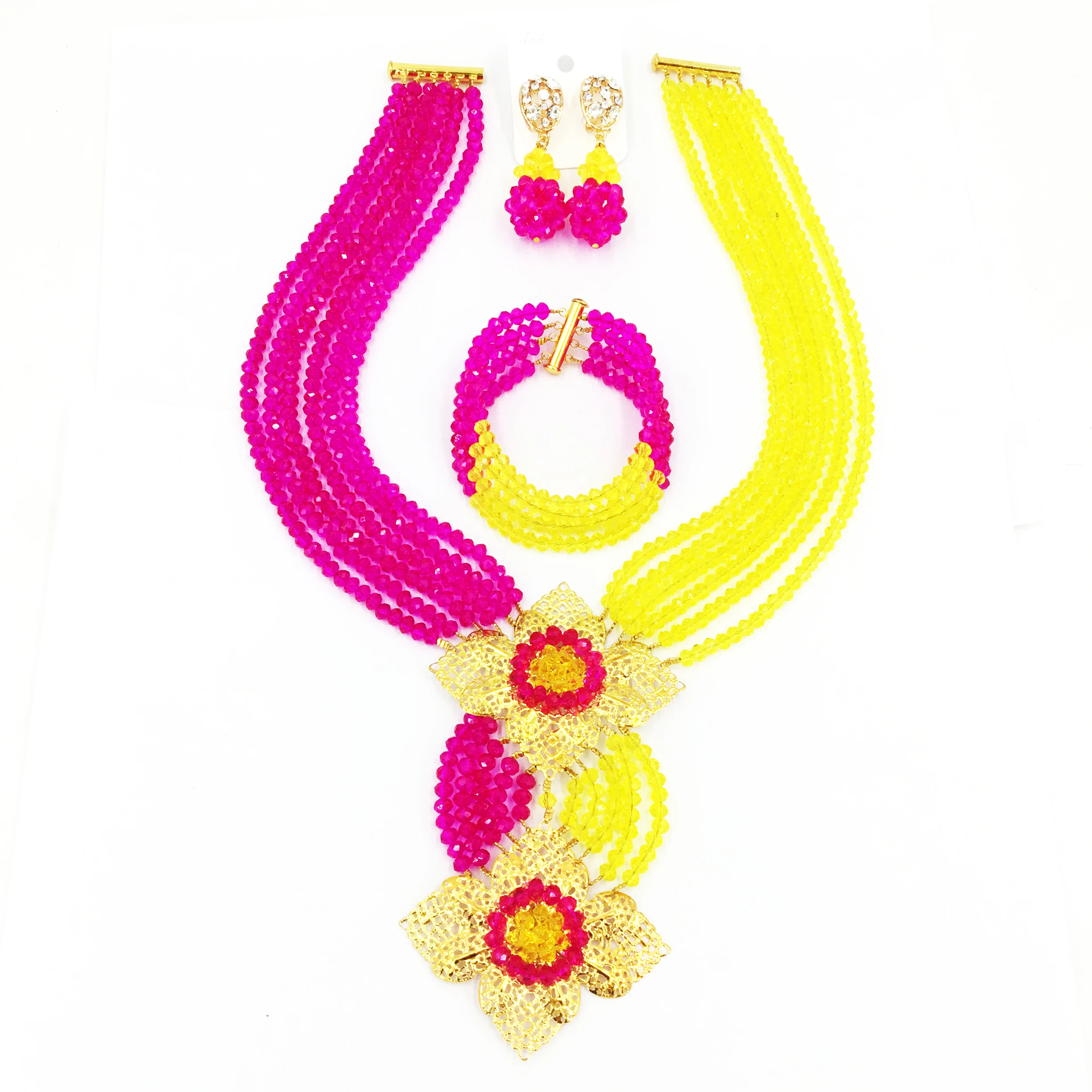 Fuchsia Pink and Yellow Costume Necklace Crystal African Beads Jewelry Set