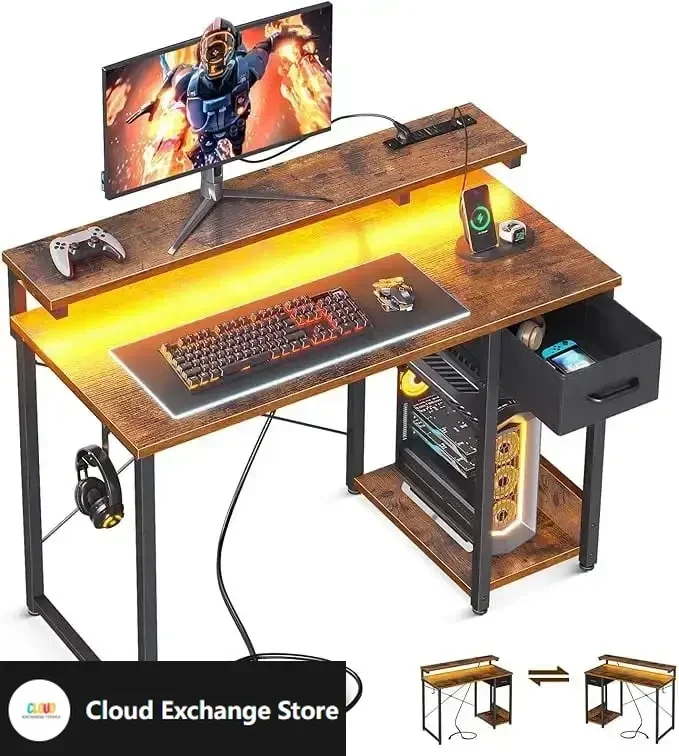 

40 Inch Computer Desk with Drawers & Power Outlets, Study Writing Monitor Stand for Small Space, Bedroom, Gaming, Home Office