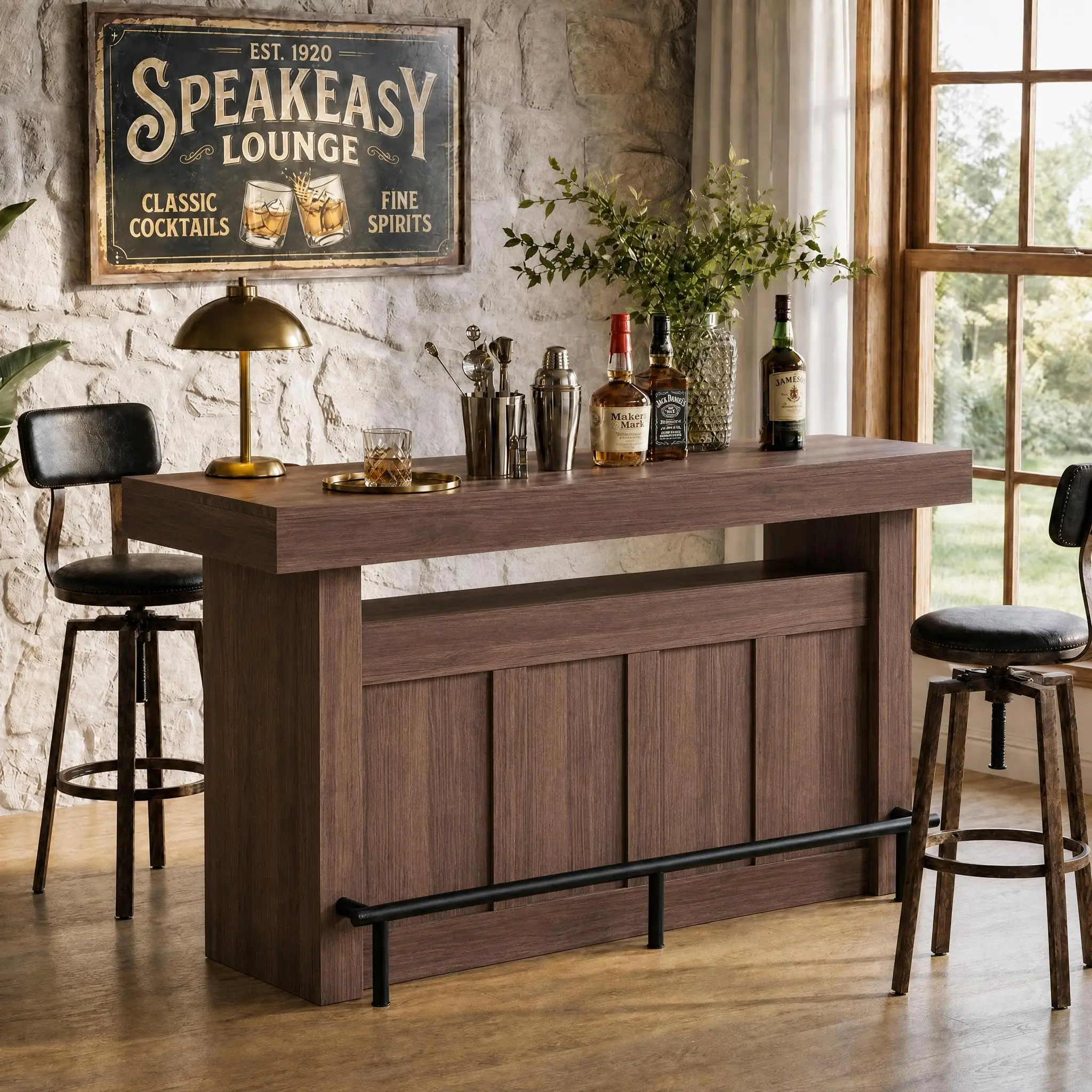 63in 4-Tier Home Bar Table With Storage Shelves, Counter Height Kitchen Breakfast Bar Cabinet, Wood Grain Console Table For Living Room