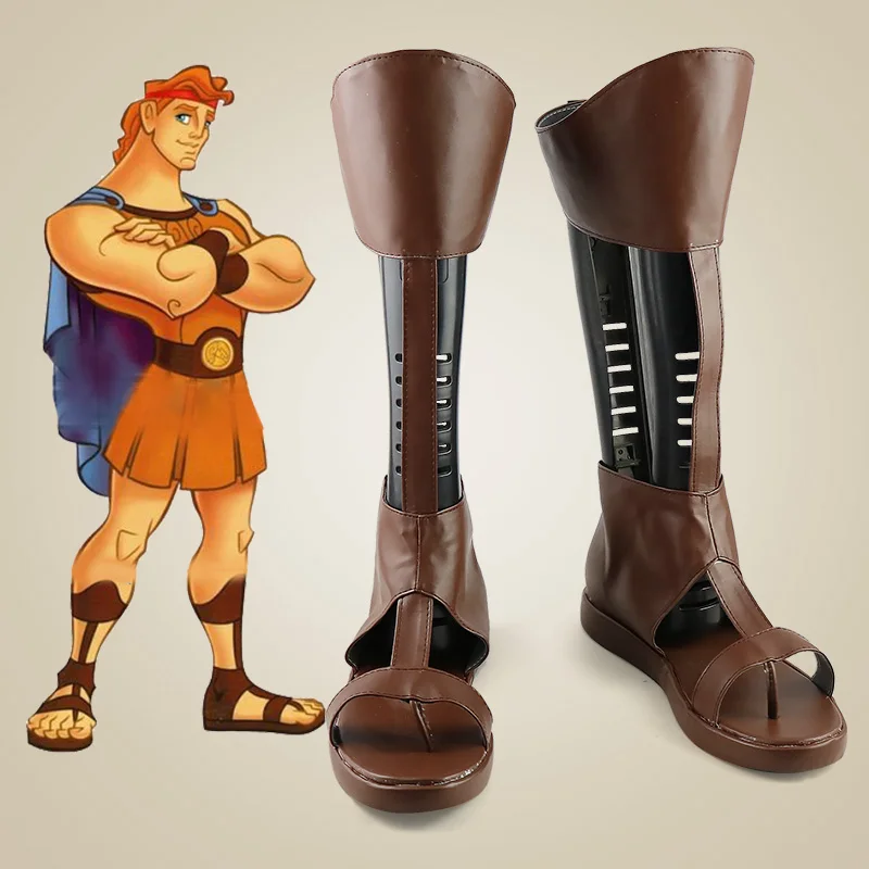 Hercules – chaussures de Cosplay marron, bottes mi-mollet, mascarade d'halloween, carnaval, accessoires de Costume de fête pour hommes adultes