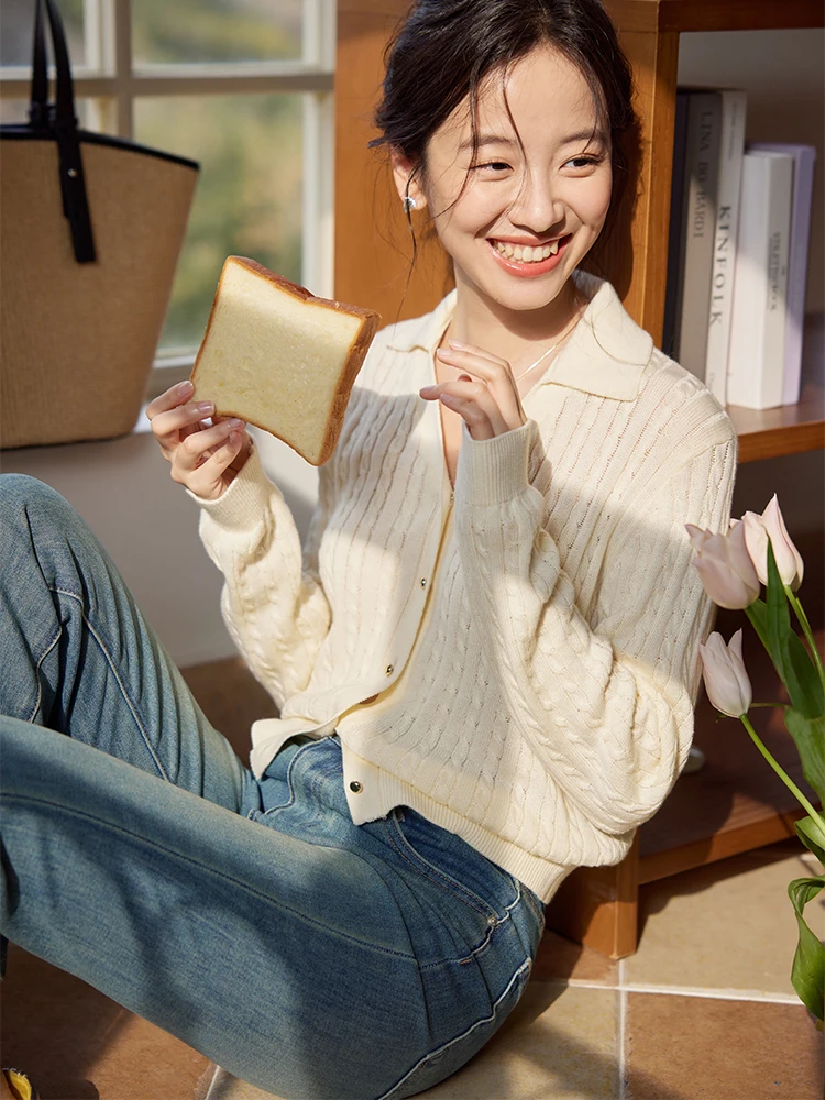 

Женский вязаный кардиган Moriirose с длинными рукавами и V-образным вырезом, осенний модный топ, светло-голубой и белый, из хлопка с узором «косы», прямого кроя