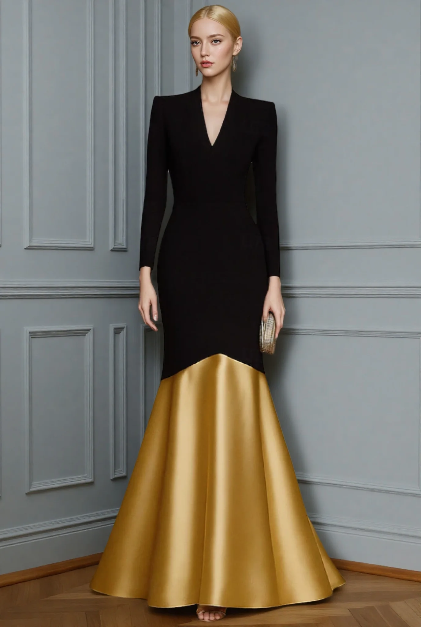 

Русалка/Труба длиной до пола, вечернее платье, торжественное платье, элегантное свадебное платье с длинным рукавом и V-образным вырезом, формальное эластичное платье со складками 2026