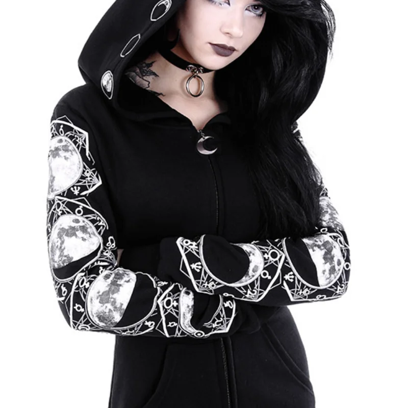 Hot Selling Black Punk Peng Hoodie with Moon Print Long Sleeved Hoodie