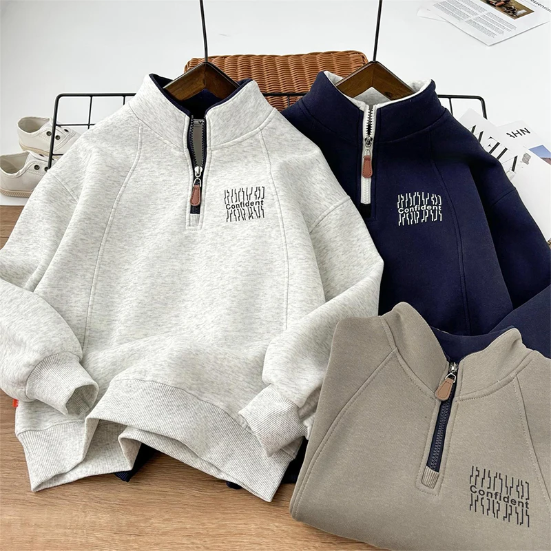 Neue warme Plüsch-Sweatshirts für Jungen, Herbst-Winter-Mode, Stehkragen, dicker Pullover, lässiges Oberteil für Kinderkleidung 3-14 Jahre – Detail 2