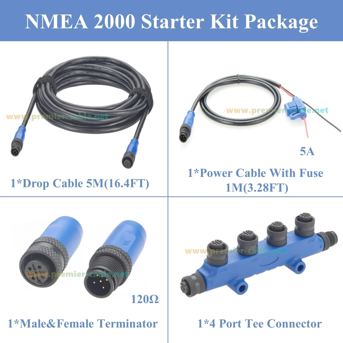 NMEA 2000 N2K Starter Kit Marine Grade Backbone Drop Cable 4 Port Tees Terminators Power Cable for Lowrance Simrad B&G Navico