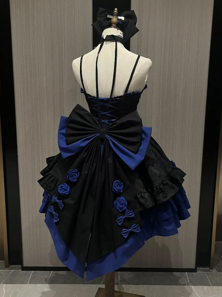 Robe Lolita à bretelles gothiques, robe de princesse à lacets, taille haute, nœuds bleus et noirs, fleurs