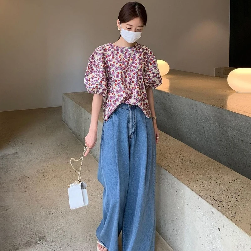 

Шикарные свободные джинсы с цветочным принтом в стиле ретро ort Sve irt, повседневные синие широкие джинсы с высокой талией, женские летние джинсы для поездок на работу