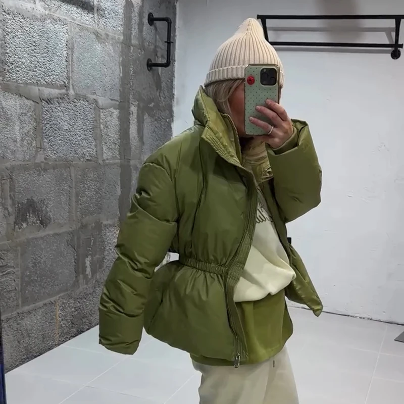 Back Half Zip Women's Winter Puffer Jackets Elastic Waist Ruffle Hem Cropped Padded Coat Loose Long Sleeve Warm Outerwear