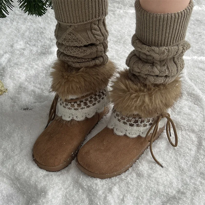 

【2025 Winter】Soft Suede Snow Boots for Women | Fur Lined Lace-Up Platform Booties | Korean Warm Non-Slip Winter Shoes