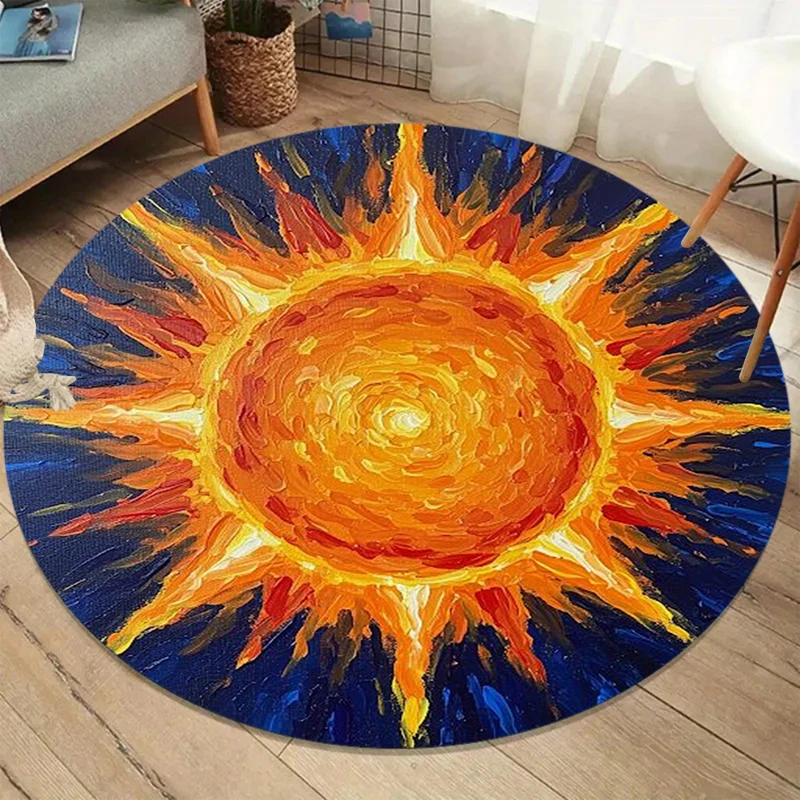 Luminous Full Moon Starry Sky Round Rug Artistic Oil Painting Anti-slip Soft Carpet for Cozy Bedroom Home Office Decor