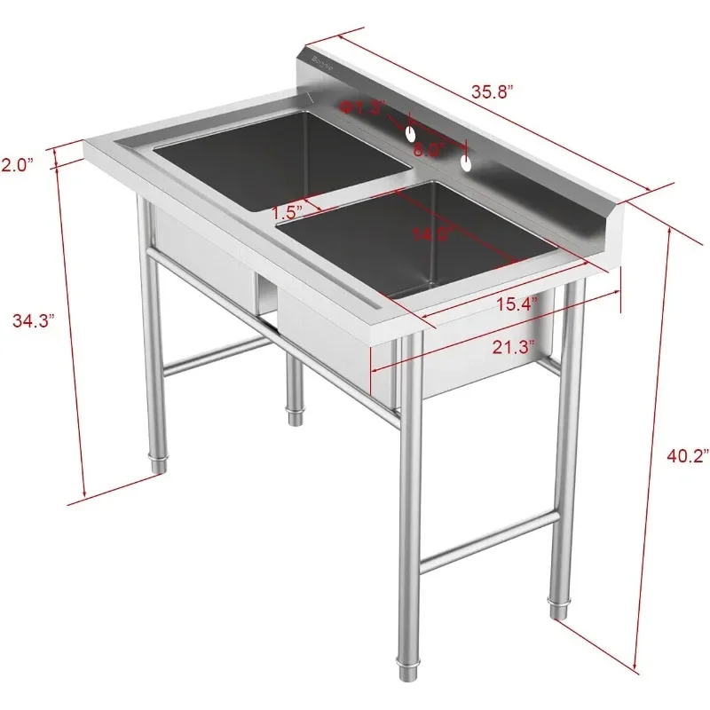 Fregadero de acero inoxidable 304 para garaje, restaurante, cocina, lavadero, exterior, 2 compartimentos