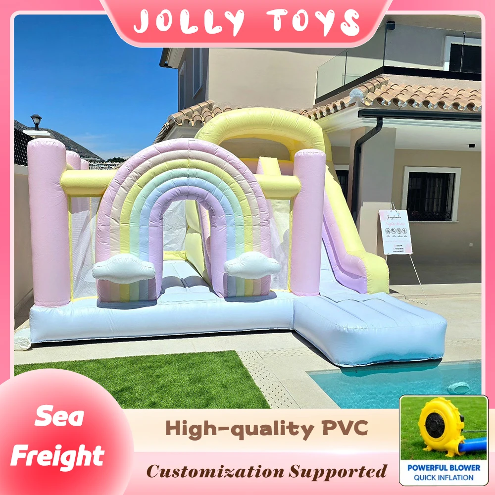 Pastel Rainbow Bouncy Castle Inflatable Slide Combo for Kids Birthday Party Backyard Wedding Event Decor Party Playhouse