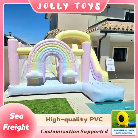 Pastel Rainbow Bouncy Castle Inflatable Slide Combo for Kids Birthday Party Backyard Wedding Event Decor Party Playhouse