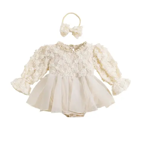 Baby Girls Autumn Romper Dress Long Sleeve Lace Floral Tulle Patchwork Romper with Headband