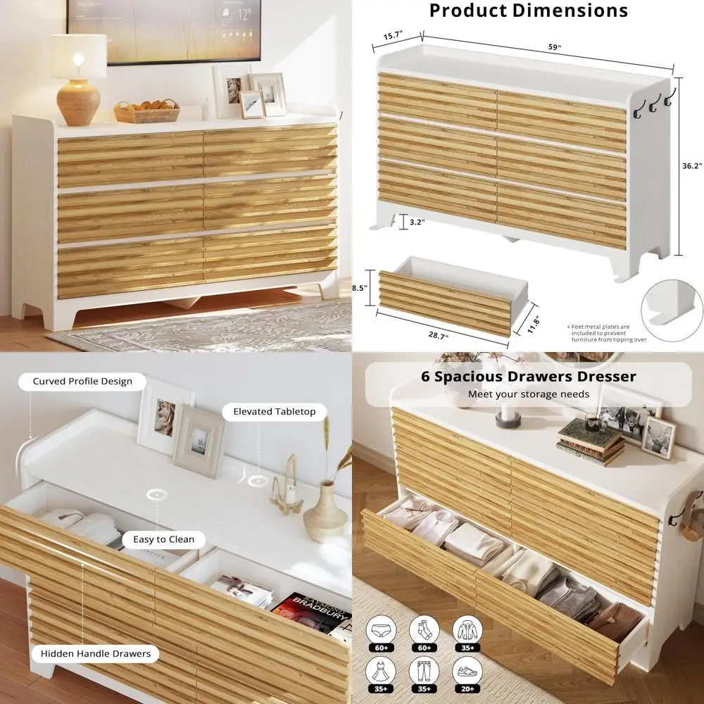 

wide 6-drawer wooden dresser with hooks and elevated top for bedroom and tv stand