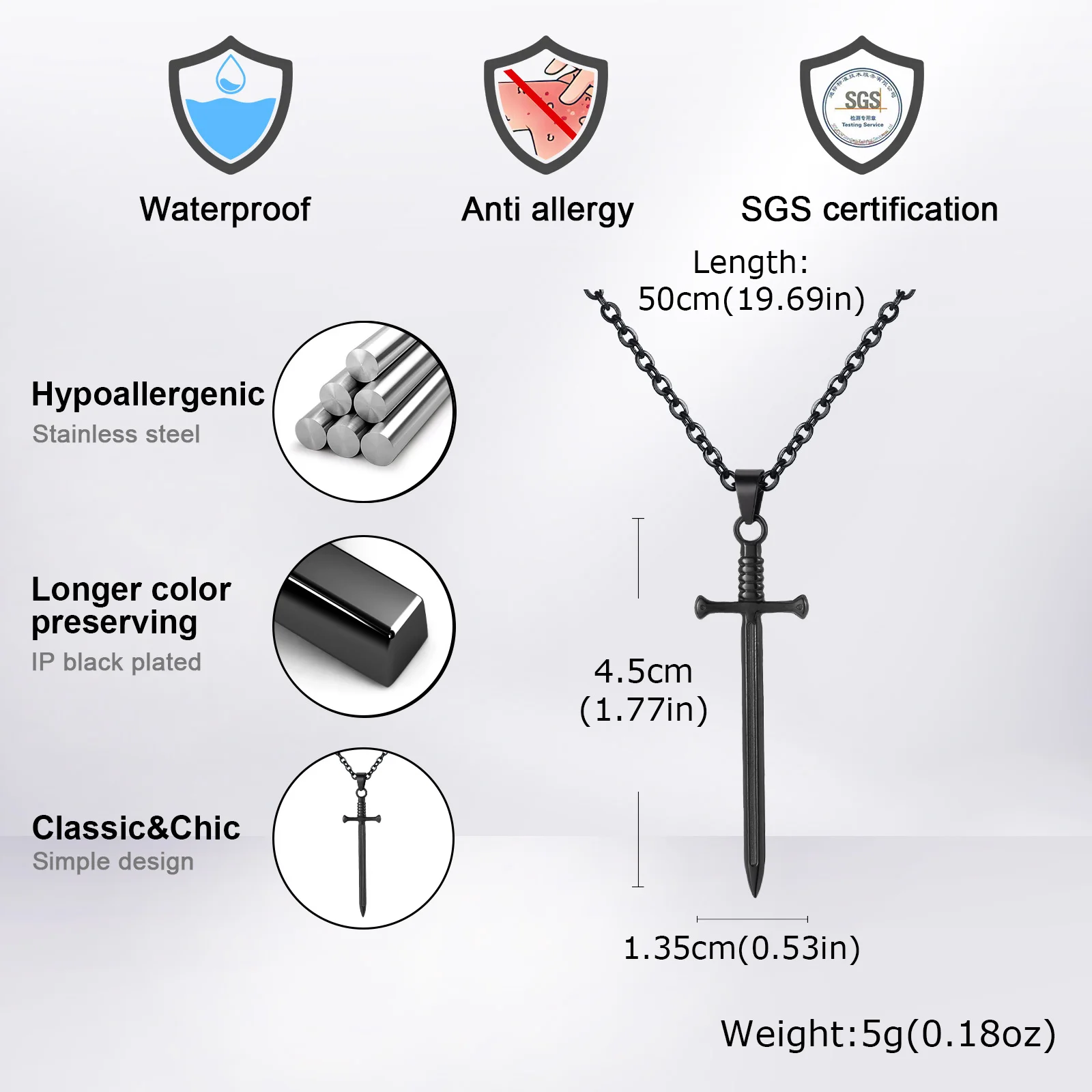 Lange Schwert-Anhänger-Halskette für Männer und Jungen, Punk-Anhänger aus Edelstahl, 50 cm Kettenhalsband – Detail 8