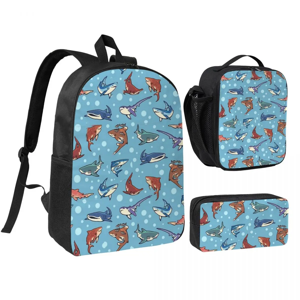 Sharks In The Light Blue Backpack Student BookBag School Bag Shoulder Bags 3ps Insulated Lunch Bag Pencil Case