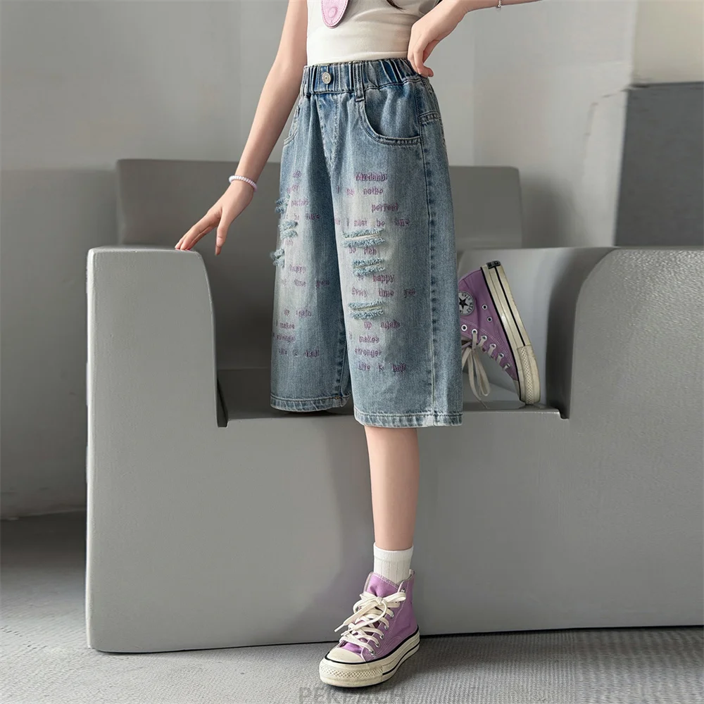 New Summer Kids Children Fashion Street Style Knee Length Ripped Denim Shorts with Letters for Teen Girls Age 5 7 8 9 11 13 14 Y