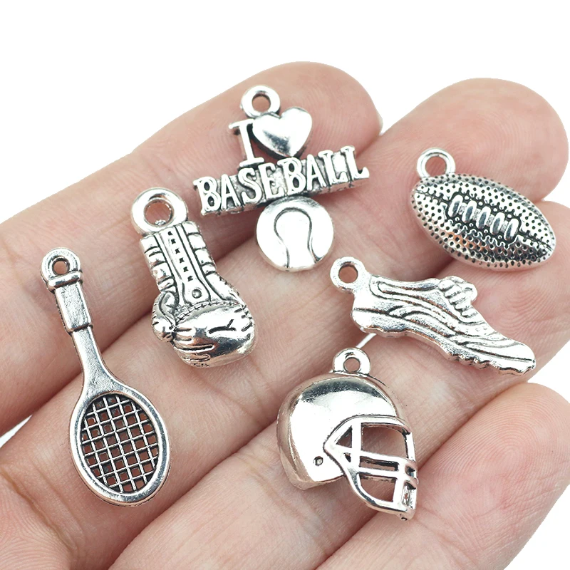 Sport Charm Antique Silver Color Tennis Baseball Boxing Fencing Mask Sport Shoes Charms Pendant For DIYJewelry Making