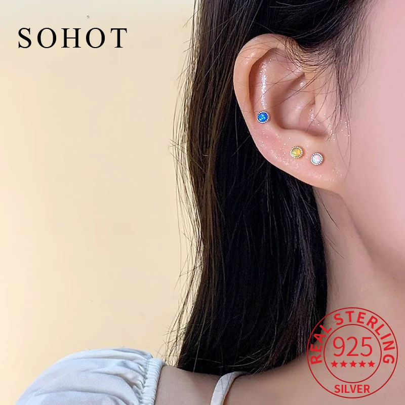 

Real 925 Sterling Silver Colorful Opal Piercing Screw Bead Stud Earrings for Women Trendy Fine Jewelry Light Luxury Accessories