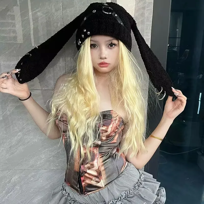 عيد الميلاد أرنب الأذن قبعة الخريف/الشتاء تصميم العنيفة ثقب برشام الجلود مشبك ثقافة فرعية Y2k الشرير أرنب قبعة