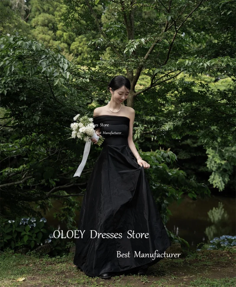 OLOEY Simple Black Taffeta A Line Evening Dresses Korea Women Wedding Party Gowns For Photoshoot Prom Dress Beach 2023