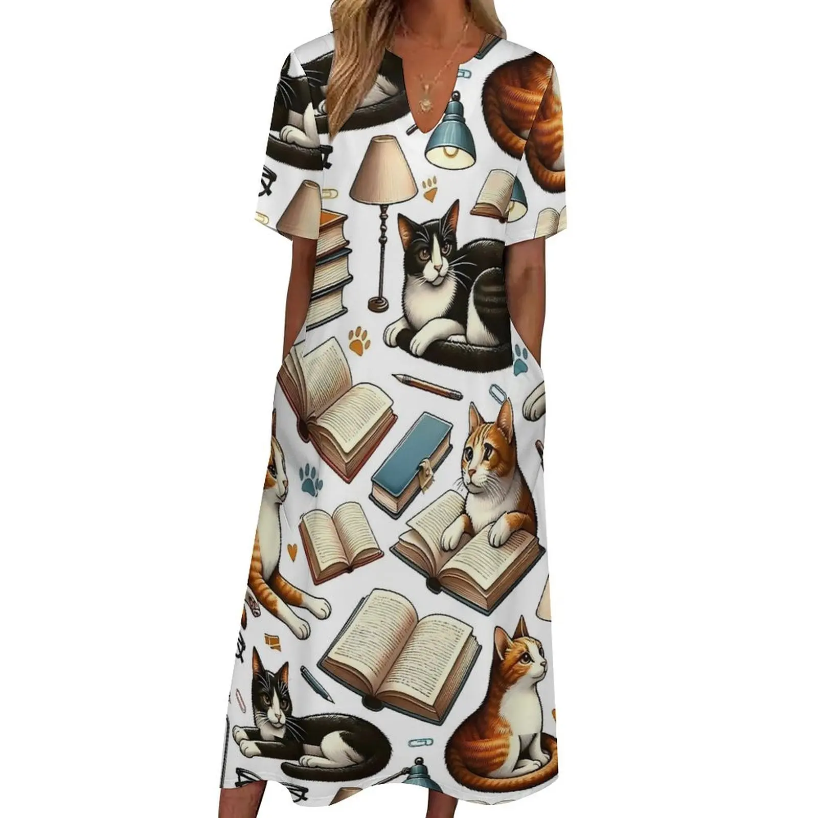 Library Cat Dress Summer Books and Cats Korean Fashion Casual Long Dresses Women Vintage Maxi Dress Birthday Present