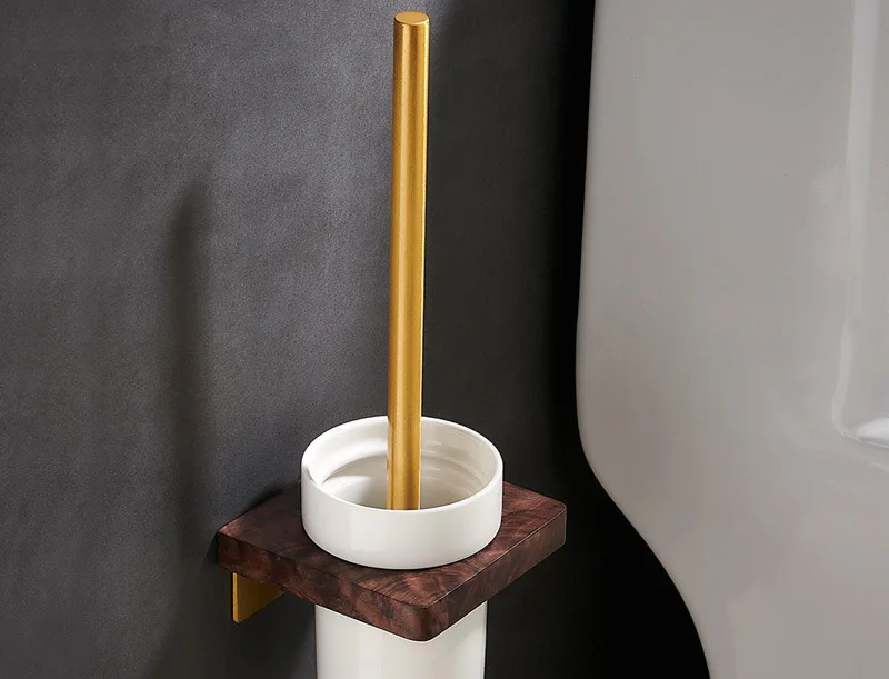 IMPEU Luxury Vintage Wooden Toilet Brush Set with Wall Mounted Holder for Bathroom, Ceramic Cup, Rustic Brushed Gold Metal