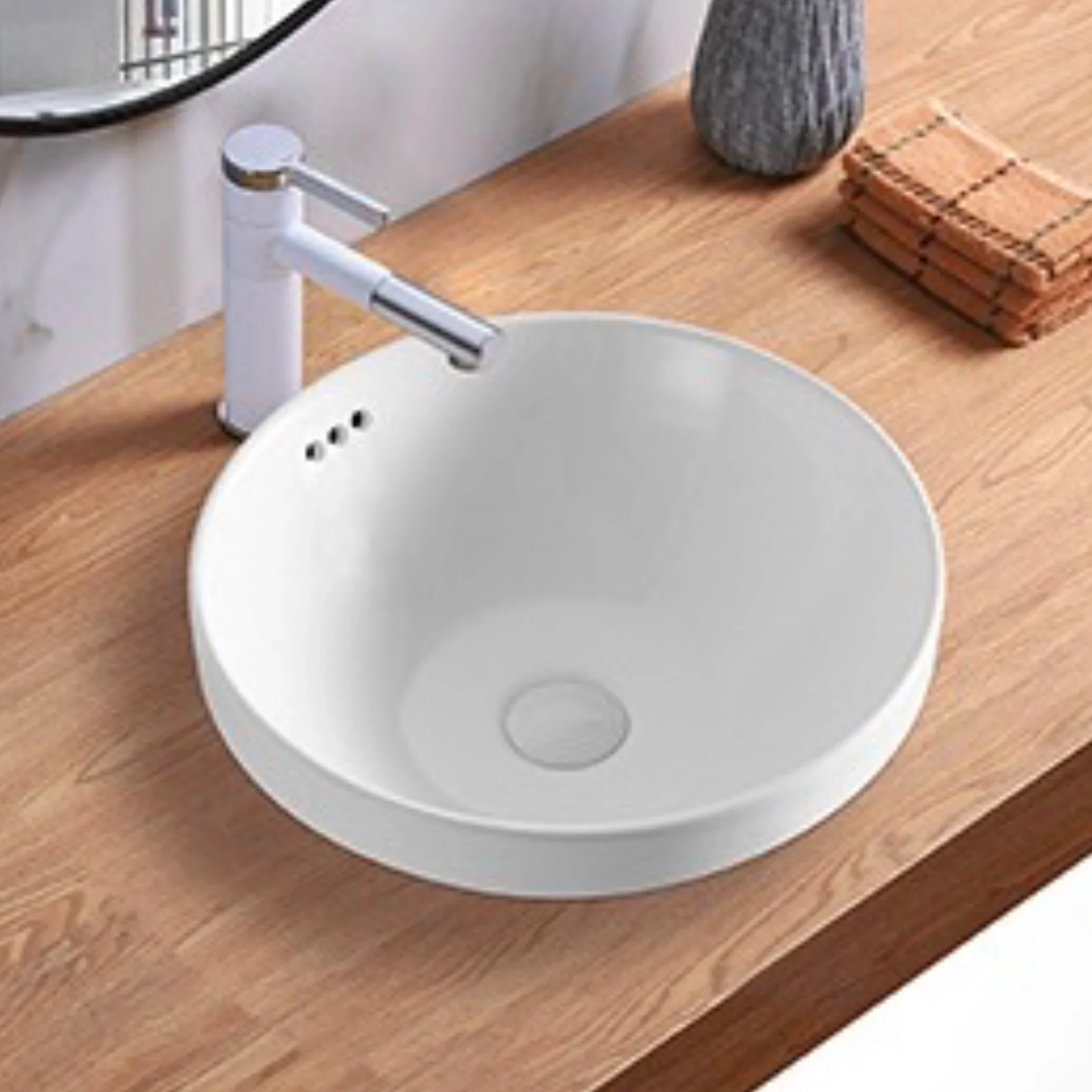 Taichung Basin Semi-Counter Sink Ceramic Countertop Basin Household Bathroom Washbasin Round Wash Basin With Faucet Strainer