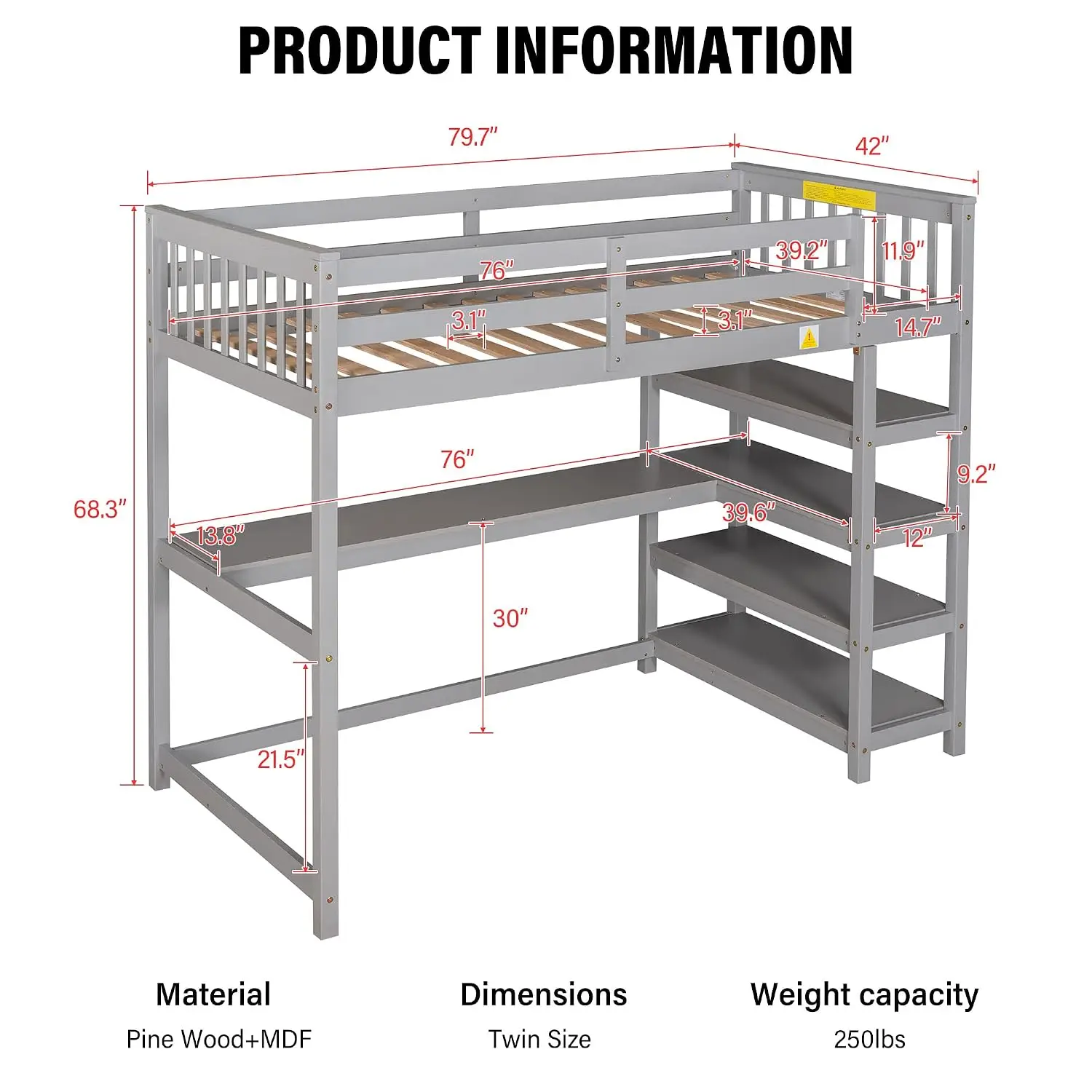 Twin Loft Bed With Desk & 4 Storage Shelves Solid Wood Grey, Customized