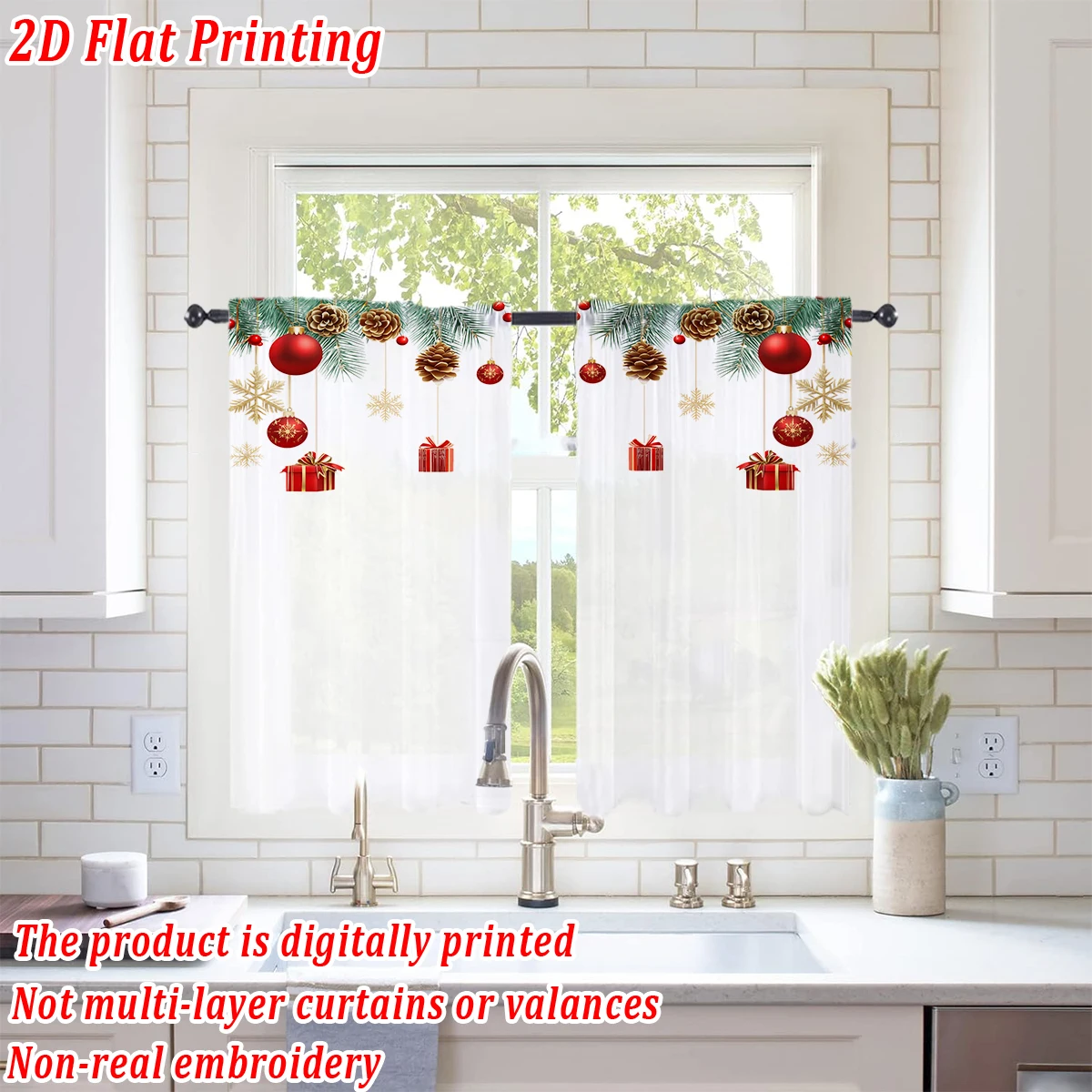 Christmas Flat Printing Kitchen Sheer Curtain with Merry Christmas Ball Box Pinecone Snowflake For Christmas Home Decor  Party