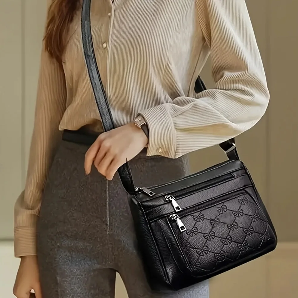 Women Crossbody Fashion Pu Leather Large Capacity Multi-Pocket Mom Bag Black Embossed Outing Party Shoulder Bag image 6