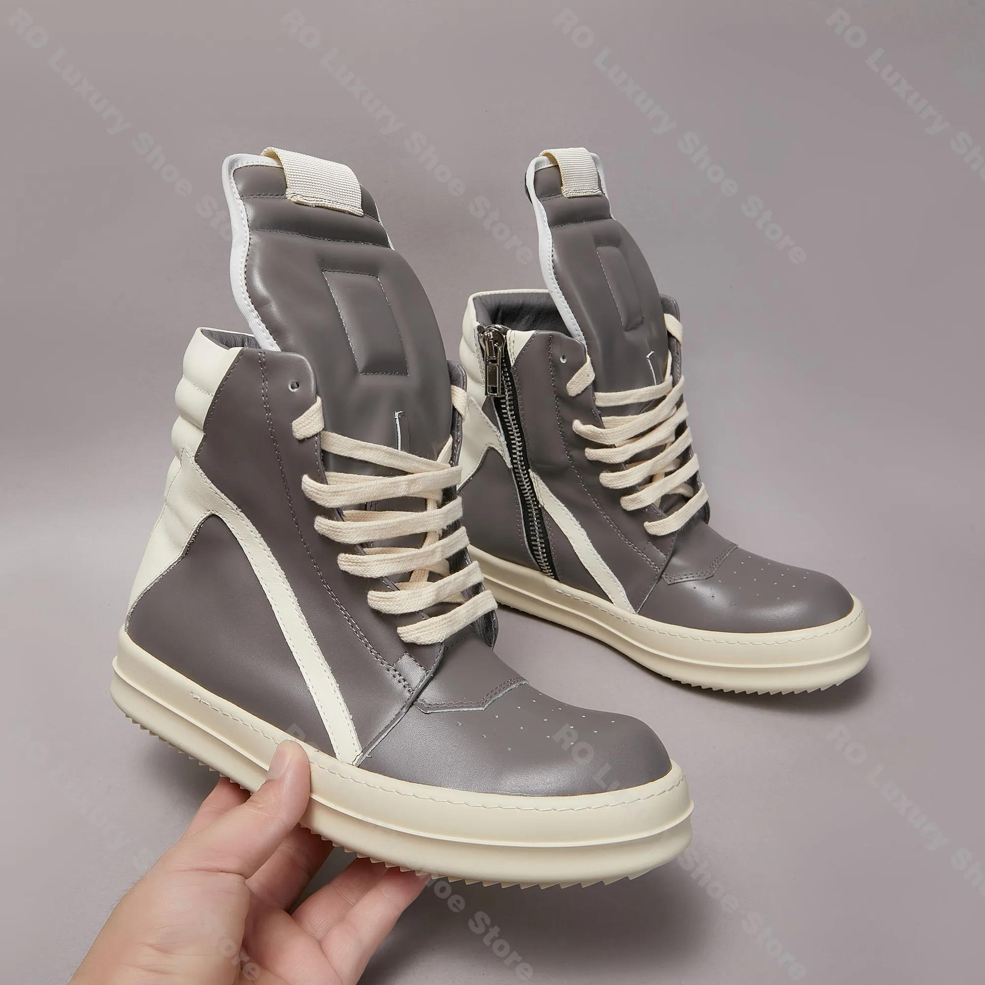 

Brand Men Shoe Casual High Top Women Sneaker Leather Lace Up Grey Geobasket Zipper Street Punk Trainer Designer Flat Ankle Boot