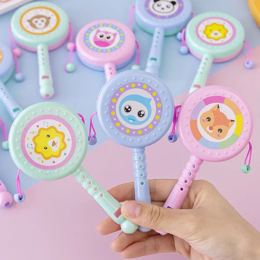 12 pezzi fischio sonaglio-tamburo cartone animato tamburo a mano agitando sonaglio per bambini prima educazione cognitiva per bambini giochi all'interno all'aperto