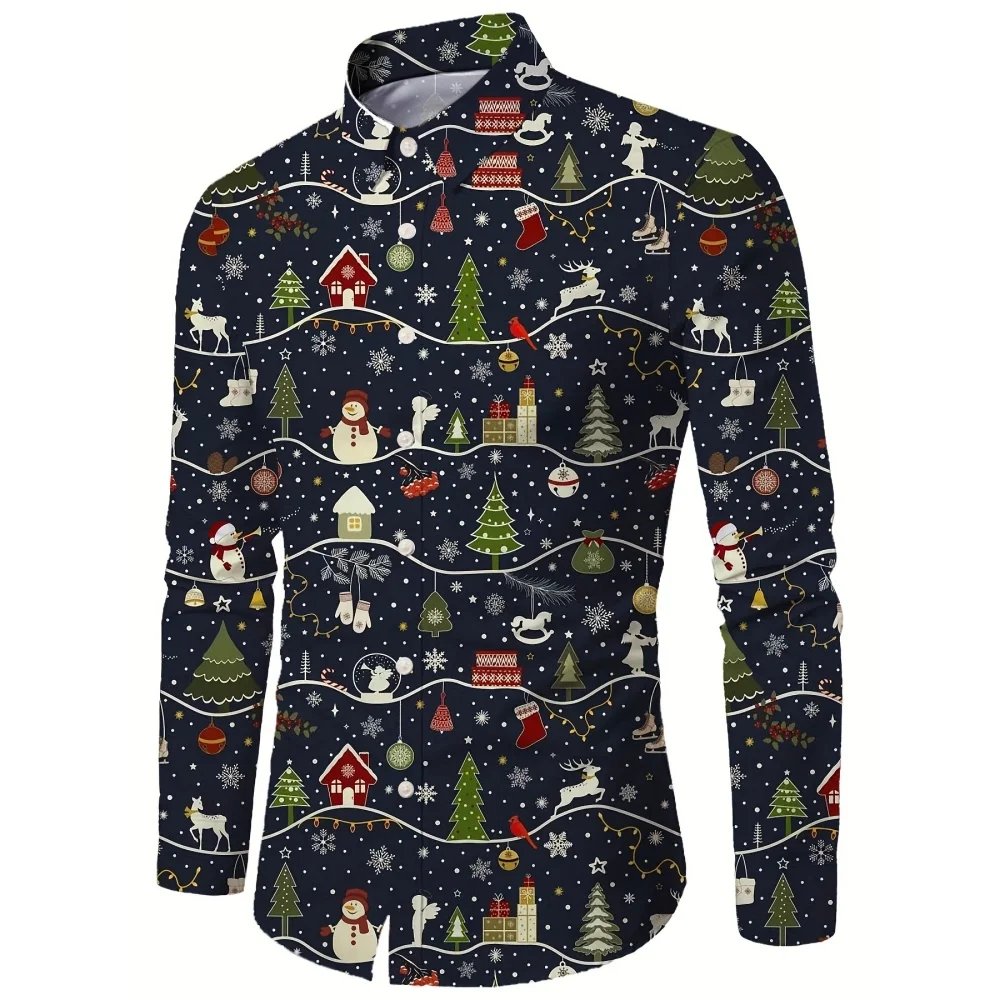 Christmas Theme Men's Gift Elk Graphic Print Formal Shirts Christmas Outfit Style Long Sleeve Shirt Fashion Men's Shirts for Men