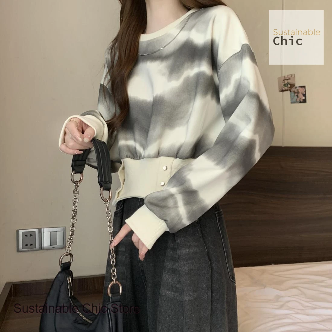 American retro tie-dye hoodless sweater women's autumn and winter new loose and slim design irregular casual short coat tide