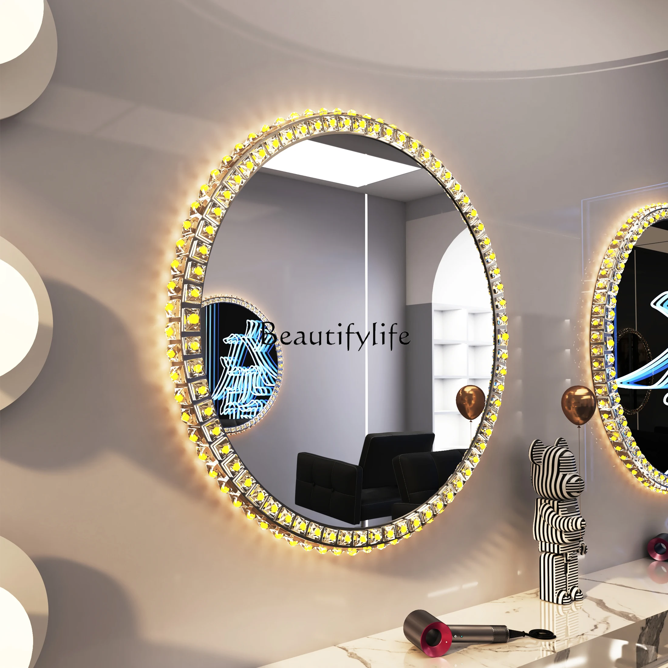 

Smart barber shop mirror touch screen led bathroom with light wall crystal stainless steel mirror