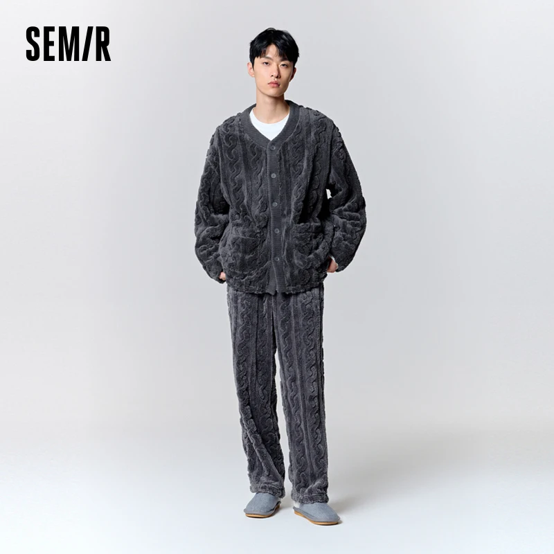 Semir Pajamas Men Soft Warm Loose Scarf Included Wearable Outside Skin-Friendly Comfortable Long Sleeve Long Pants Fluffy Set