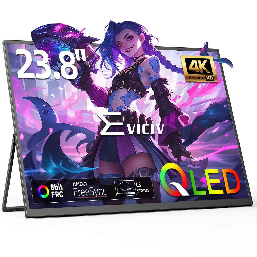 

EVICIV 23.8” 4K QLED Portable Monitor UHD 3840*2160 100%sRGB External Gaming Screen Built-in VESA Stand Speakers For Laptop