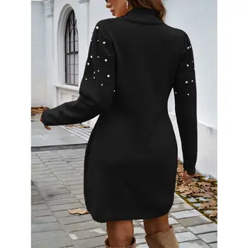 2025秋季女士毛衣連身裙 珍珠圓領長袖裹身裙 冬季優雅女士休閒純色修身連身裙 6 最佳銷售 冬季女裝 - №4