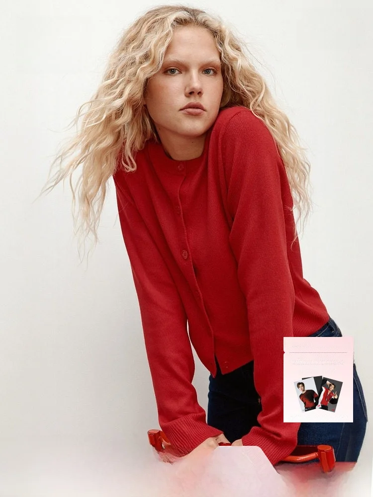 

Red Knitted Sweater HM Women's Winter Faionable Base Layer Cardigan Casual Slim Fit Polyester Nylon Regular Thin