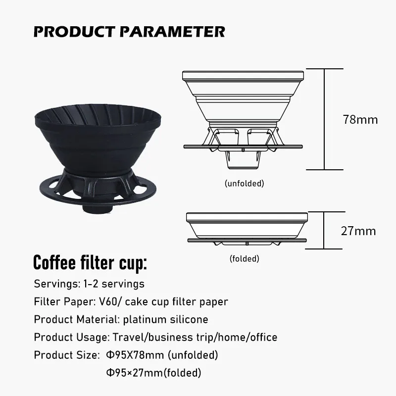 Reusable Portable Foldable Coffee Filter Food-grade Silicone Coffee Filter Plastic Cup Holder Pour Holder Coffee Dripper