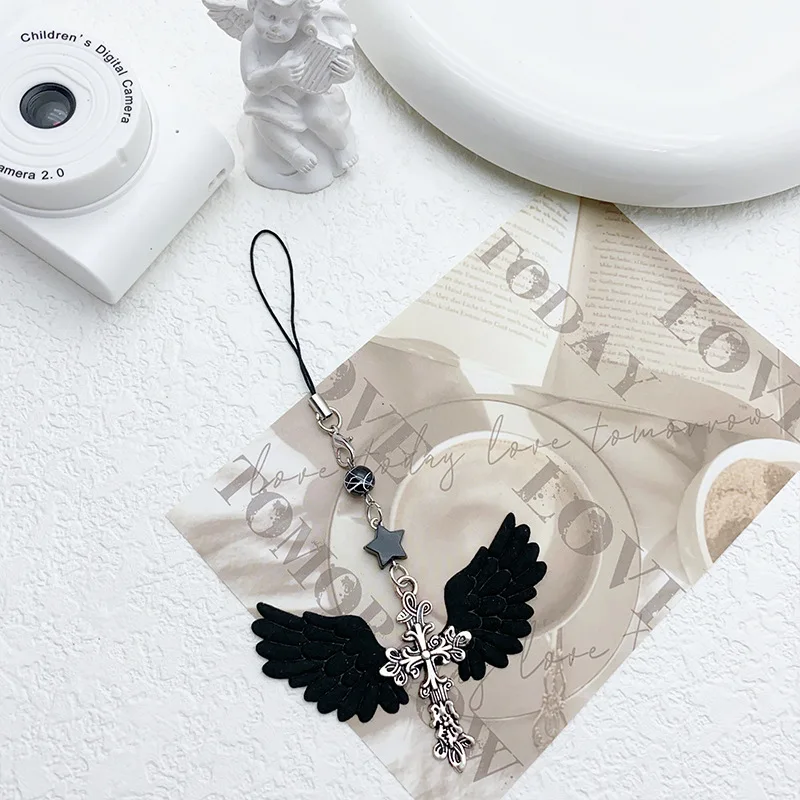 

Gothic Angel Wings Phone Strap Retro Cross Cellphone Lanyard For iPhone Case Car Keychain Bags Camera Decoration Pendant
