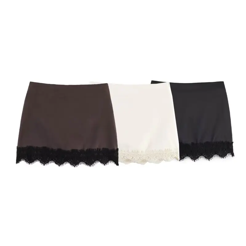 Image of Sommer Damen Eleganter Satin-Seidenrock mit Spitzenfransen, Mini-Rock mit Hoher Taille, Schlanker Anti-Licht Sicherheits-Unterrock in 3 Farben