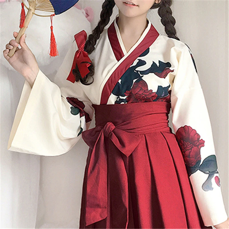 Girls Japanese Style Retro Kimono Yukata Long Sleeve Party Dress Woman Floral Samurai Tops Robes Bow Belt Skirt Haori Outfit Set