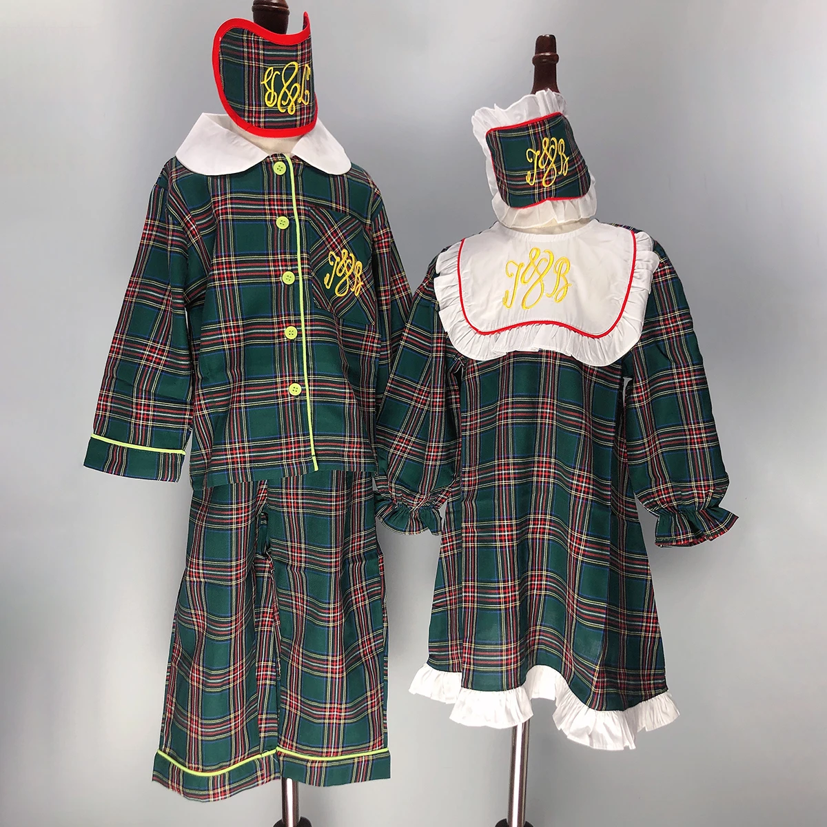 Girls Nightdress Boys Pajama Set With Eye Mask Green Long Sleeve Thin 100% Cotton Four Seasons Pajamas British Plaid Christmas