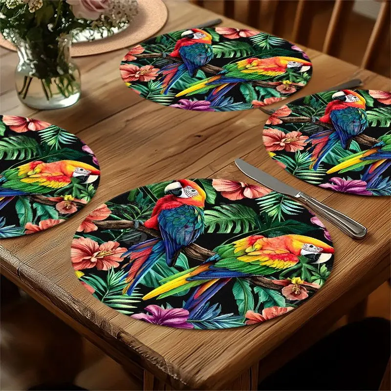 VIKAMA Tropical Jungle Macaw Placemat - Flower Heat Resistant Fabric Mat, Hawaiian Vacation Style Table Decoration
