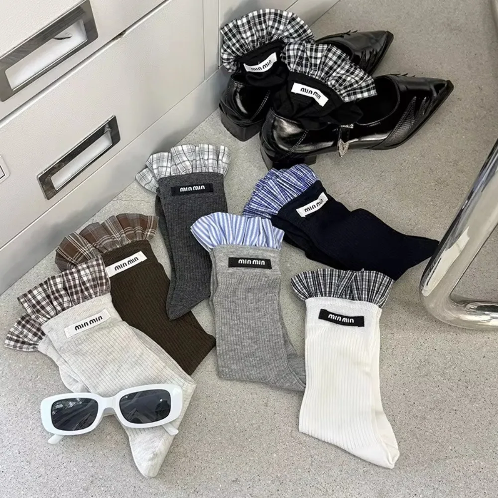 

Luxurious Plaid Spring Socks Lace-up Breathable Knitted Socks Thin Lolita High Socks Lolita