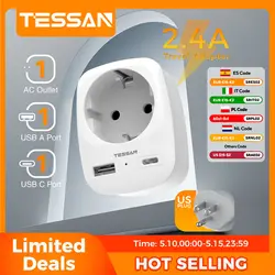 TESSAN Travel Adapter EU To USA Adapter America Europe Plug with USB C 3A Socket Adapter Travel Power Adapter for Canada Mexico