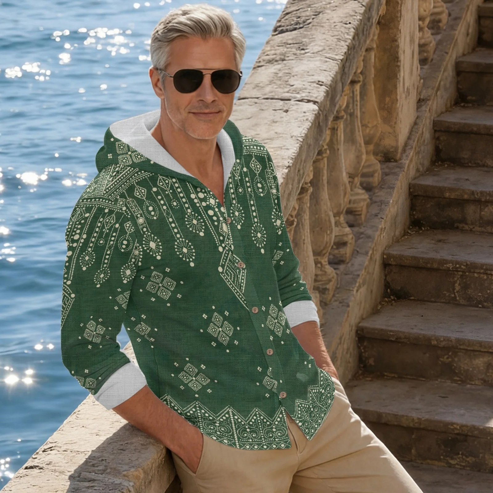 PENSTROLL Geometric Linen Like Hawaiian Fashion Tops Button-Up Loose Fit Casual Spring Summer Top for Father Size S-3XL